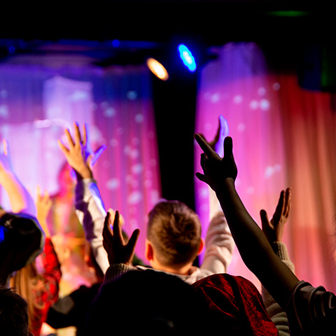 Grupo de personas con las manos en alto disfrutando de un concierto.